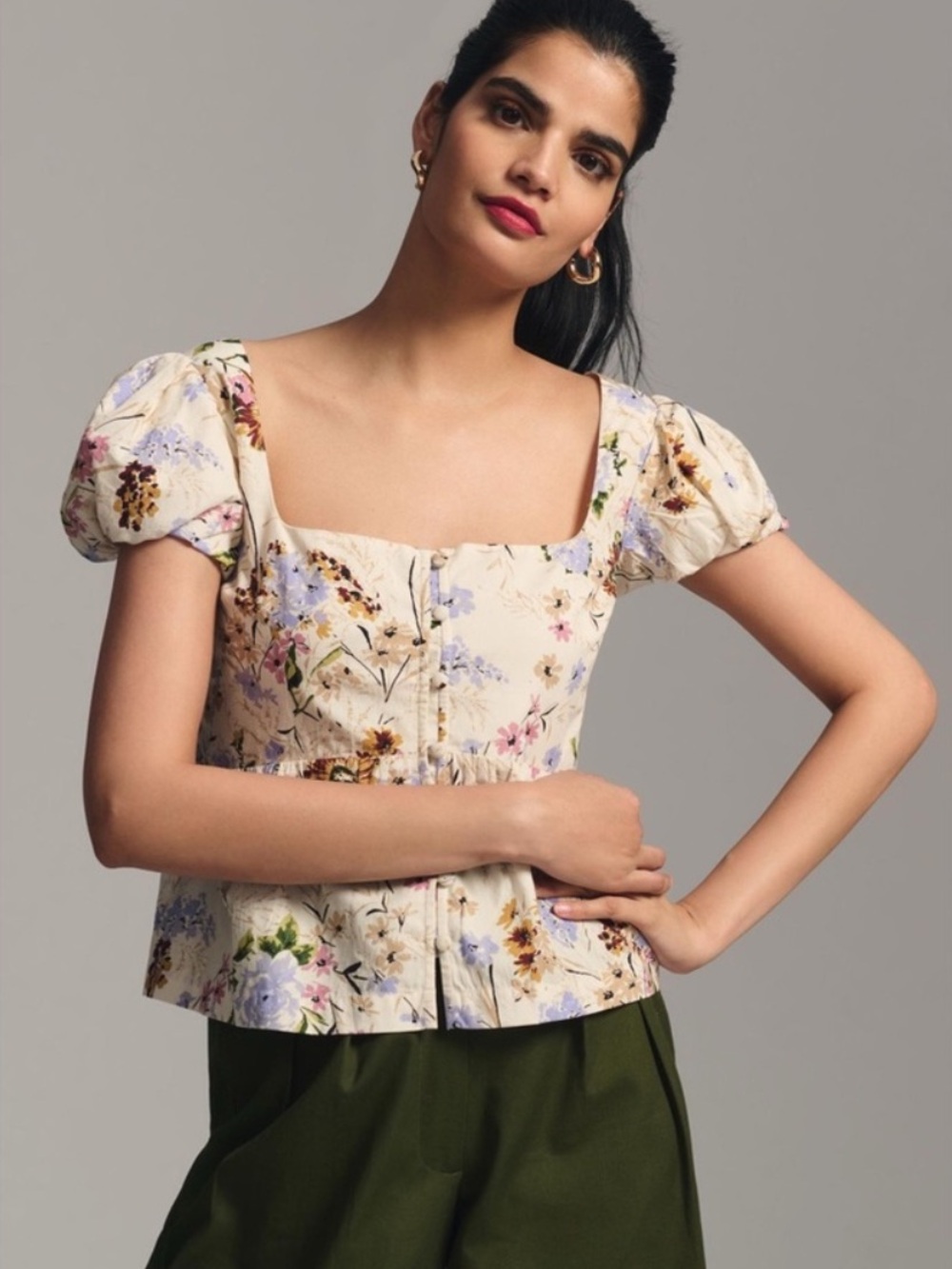 Anthropologie Small Puff Sleeve Peplum Top Cream Floral Square-Neck